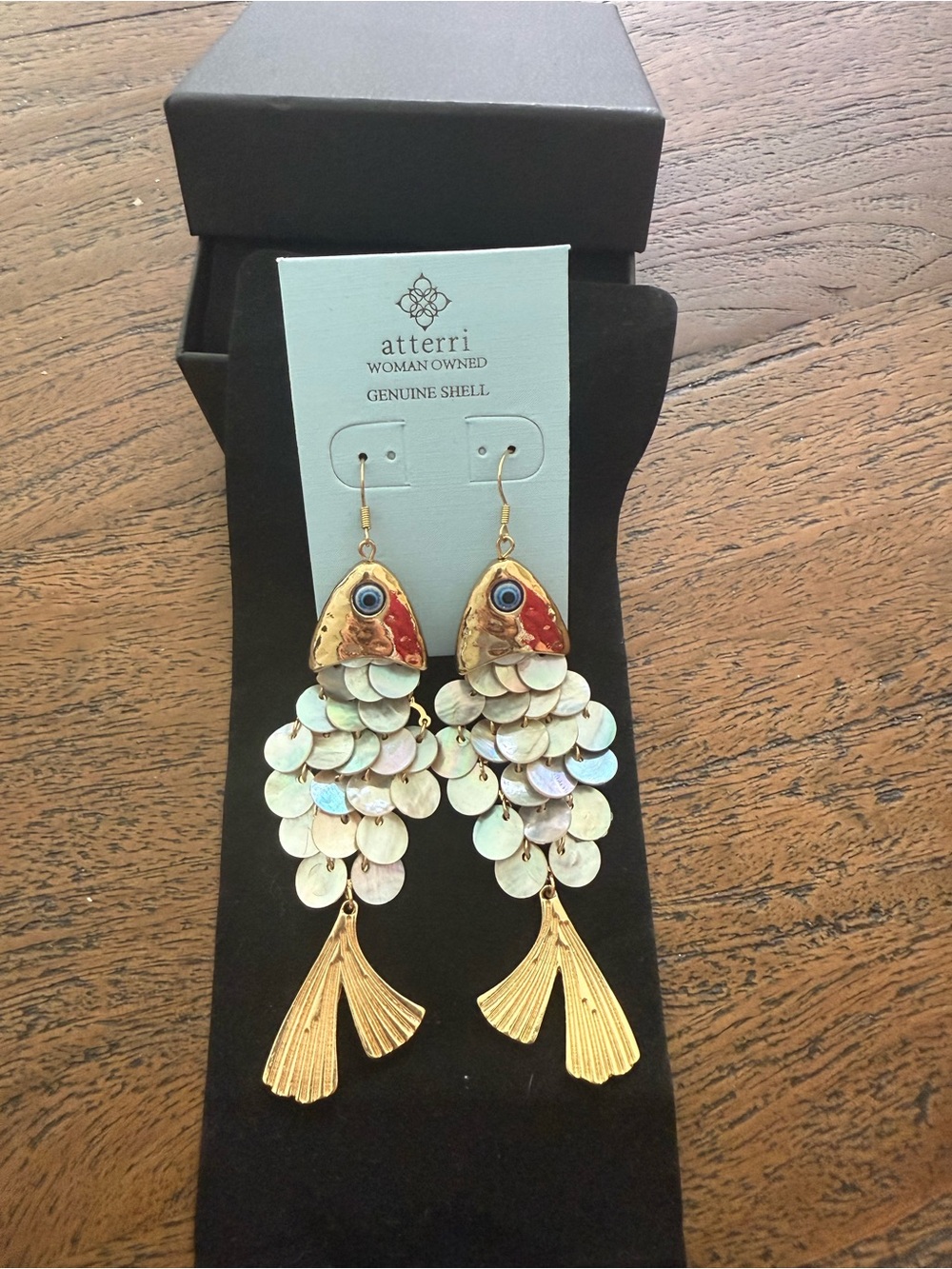 NWT Atterri Gold & Iridescent Shell Fish Drop Earrings